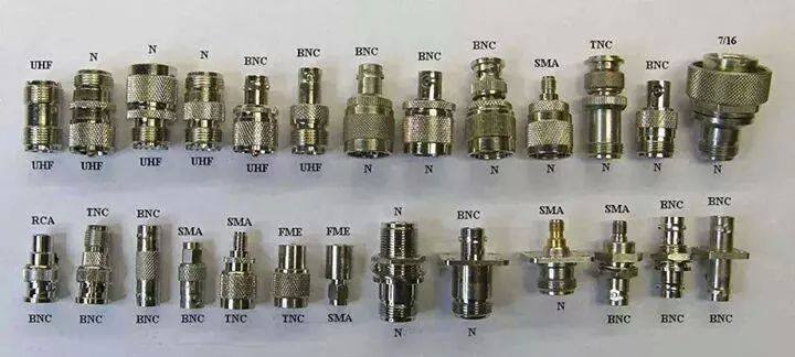 labeled photo to help identify common RF connectors and adapters.