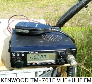 Kenwood TM-701e  2m VHF + 70cm UHF radio. Seen here sat on trailer during /P operation up the hills.