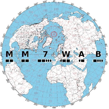 MM7WAB Azimuthal Great Circle Map created by Paul Scott MM7WAB