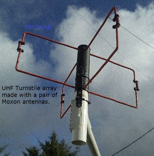 Turnstile made from Phased pair of moxon antennas for Satellite working UHF 70cm band
