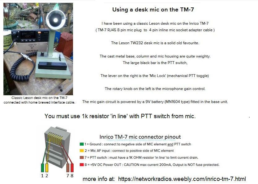 Mic wiring information for Inrico TM-7 network radio ( original MK-1  TM-7 )  created by Paul Scott MM7WAB